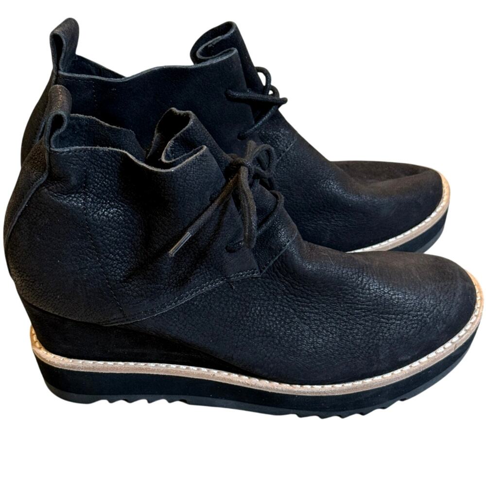 Eileen Fisher Capa Wedge Lace up Ankle Boots - Black Nubuck - Womens 6.5 - $265